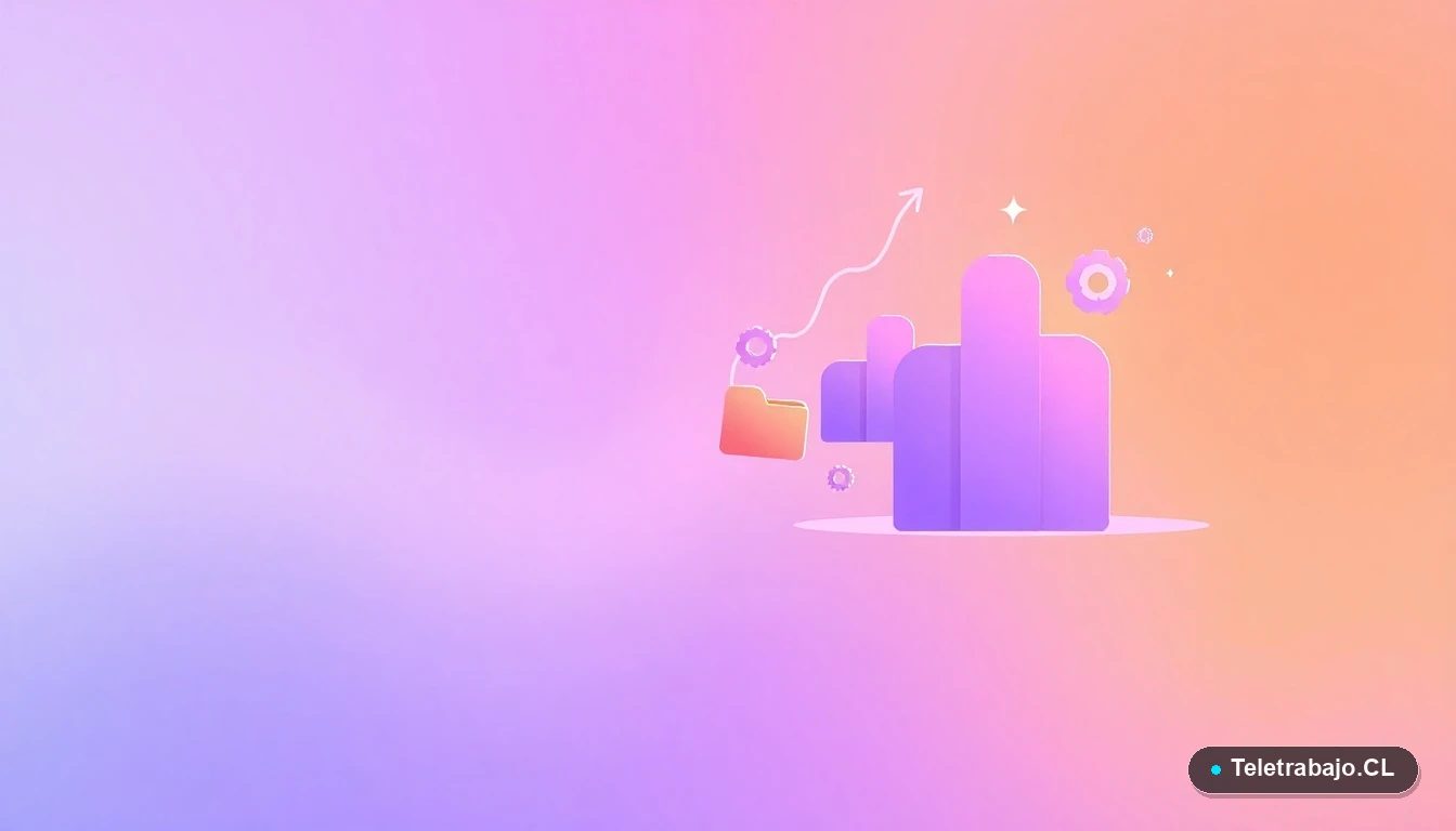 Composición abstracta de interfaz de usuario tecnológica con gráficos flotantes y iconos de engranajes en tonos lavanda y durazno, sobre fondo degradado. Representación visual de networking y datos digitales.