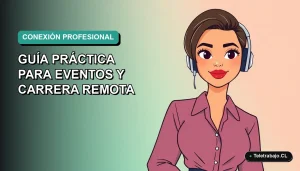 Ilustración vectorial plana de mujer profesional chilena sonriendo, con fondo degradado azul verdoso, representando networking remoto.