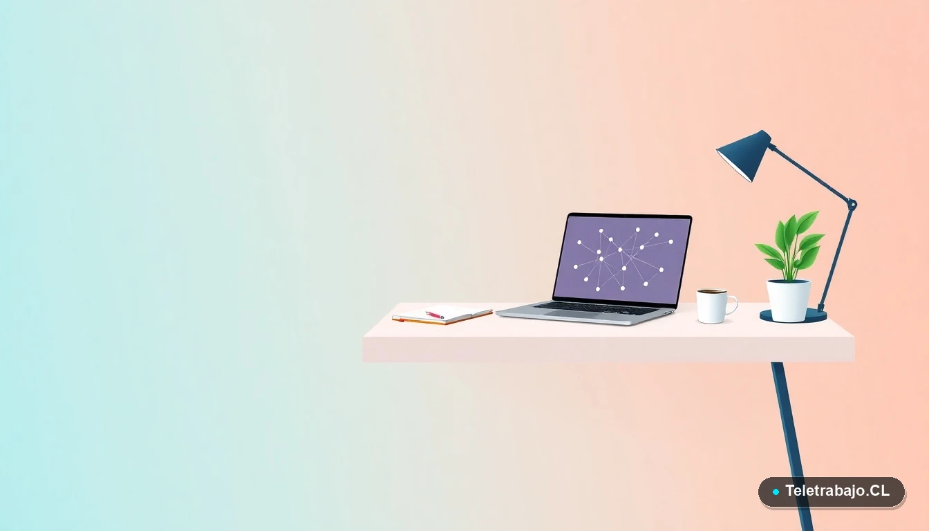 Escritorio moderno minimalista con laptop, cuaderno y planta, sobre fondo degradado, representando el espacio de trabajo ideal para networking digital.