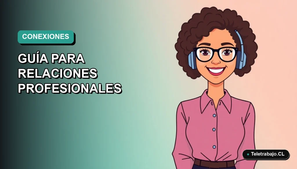 Ilustración plana corporativa de una mujer profesional de teletrabajo sonriente, con fondo degradado suave azul verdoso. Concepto de networking y relaciones laborales.