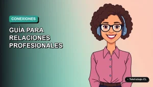 Ilustración plana corporativa de una mujer profesional de teletrabajo sonriente, con fondo degradado suave azul verdoso. Concepto de networking y relaciones laborales.