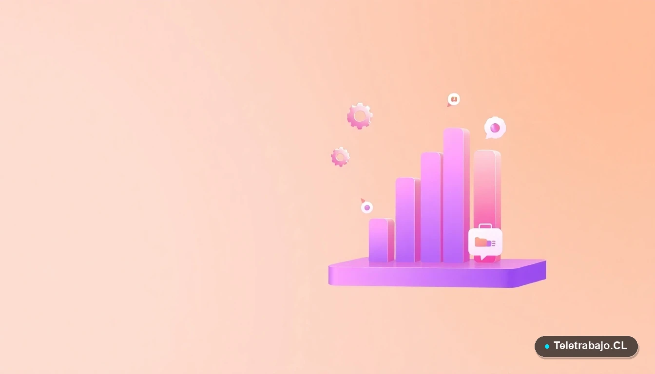 Ilustración abstracta de interfaz de usuario con gráficos flotantes, engranajes y carpetas sobre fondo degradado melocotón. Concepto de datos, conexiones y productividad profesional.