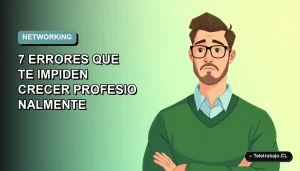 Ilustración plana corporativa de un trabajador masculino de tecnología con suéter verde, sobre fondo degradado azul verdoso, representando errores comunes en networking profesional en Chile.
