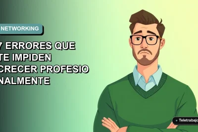 Ilustración plana corporativa de un trabajador masculino de tecnología con suéter verde, sobre fondo degradado azul verdoso, representando errores comunes en networking profesional en Chile.