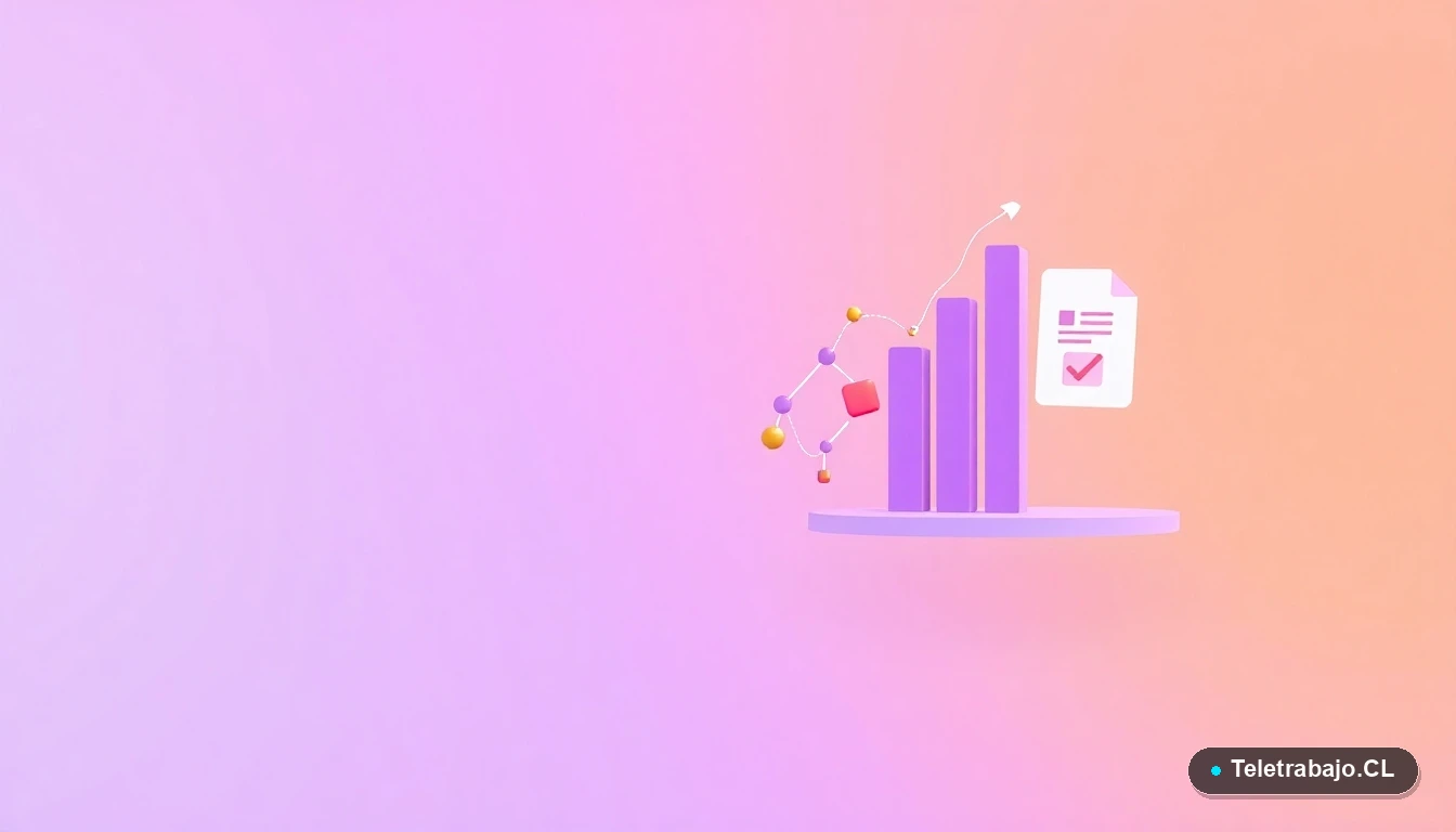 Ilustración abstracta de interfaz de usuario con gráficos y nodos de red flotantes, sobre fondo degradado lila, concepto de crecimiento profesional y conexiones.