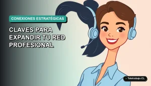 Ilustración plana corporativa de mujer profesional sonriente con blusa azul, sobre fondo degradado verde azulado, concepto de networking estratégico.