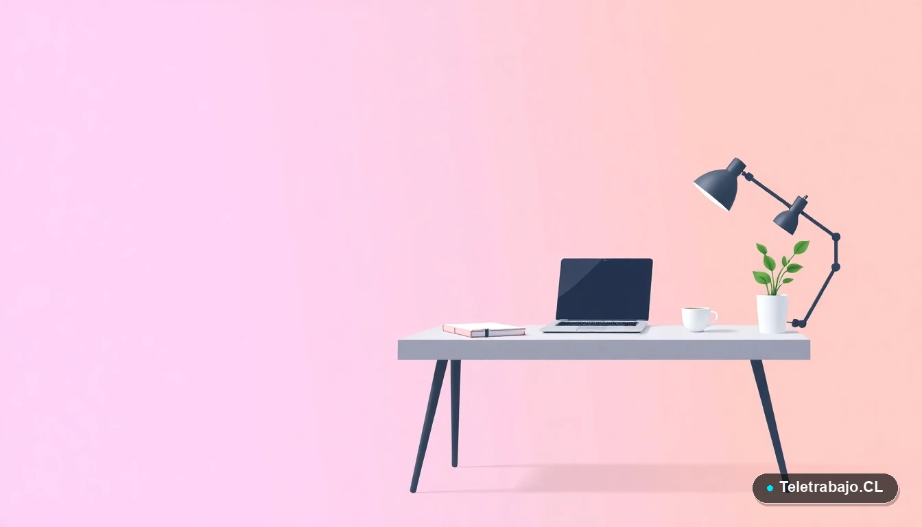 Escritorio moderno minimalista con laptop, cuaderno, taza de café y planta suculenta, sobre fondo degradado lavanda y durazno, concepto de espacio de trabajo remoto.