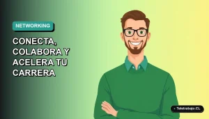 Ilustración plana vectorial de un trabajador remoto masculino con suéter verde, sonriendo, sobre un fondo degradado azul y verde. Espacio negativo a la izquierda.