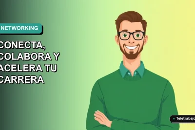 Ilustración plana vectorial de un trabajador remoto masculino con suéter verde, sonriendo, sobre un fondo degradado azul y verde. Espacio negativo a la izquierda.