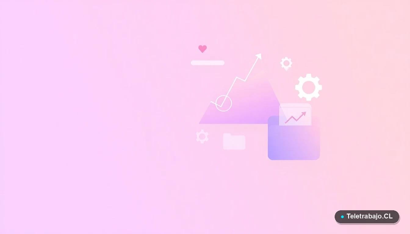 Composición abstracta de interfaz de usuario con gráficos, un engranaje y una carpeta en tonos lavanda y durazno, sobre fondo degradado lavanda. Concepto de tecnología y colaboración.