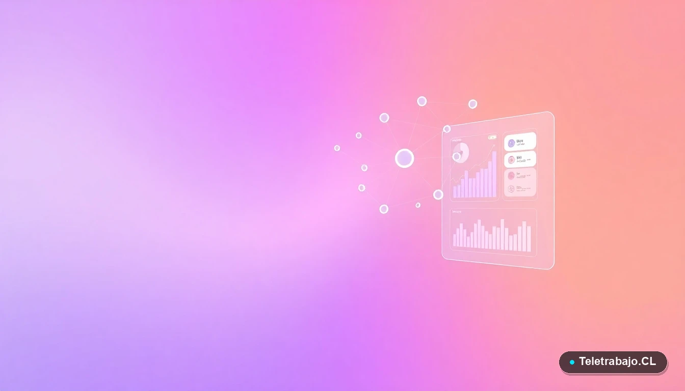 Elementos abstractos de interfaz de usuario con nodos y gráficos flotantes, concepto visual de redes y conexiones digitales, sobre fondo degradado lavanda.