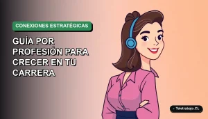 Ilustración plana corporativa de una mujer profesional chilena sonriendo, con fondo degradado verde, para guía de networking estratégico 2026.