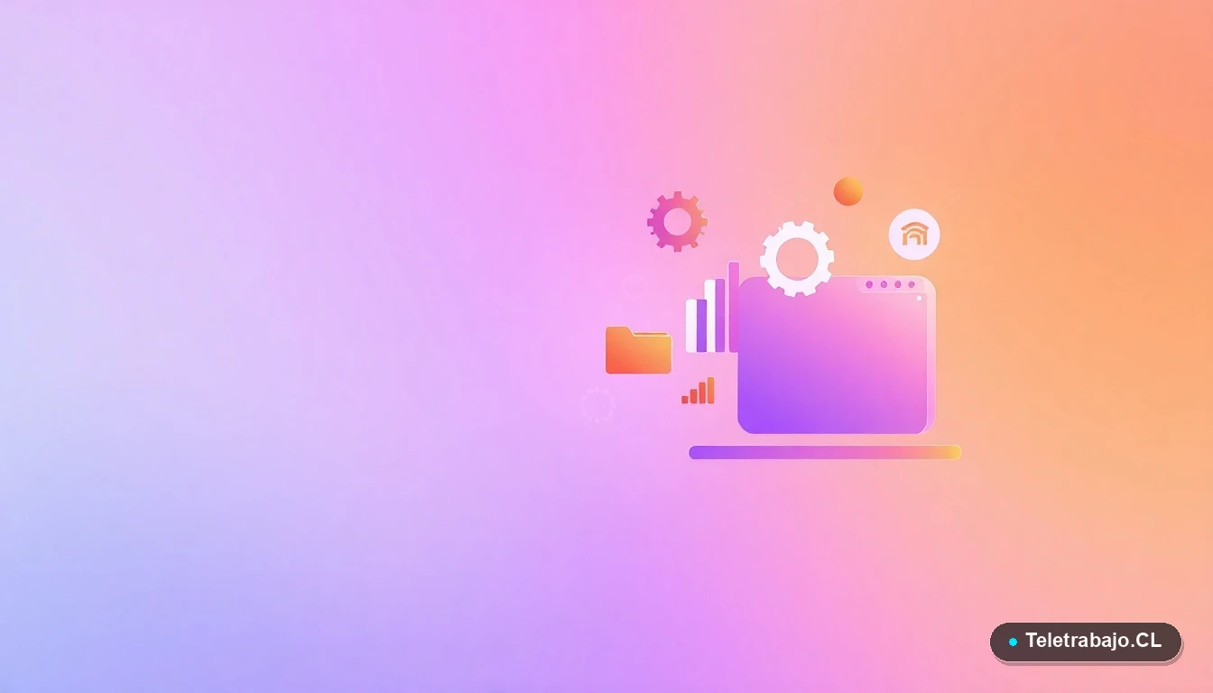 Composición abstracta de interfaz de usuario con gráficos y iconos flotantes, en estilo vectorial plano, sobre fondo degradado. Concepto de tecnología y organización profesional.