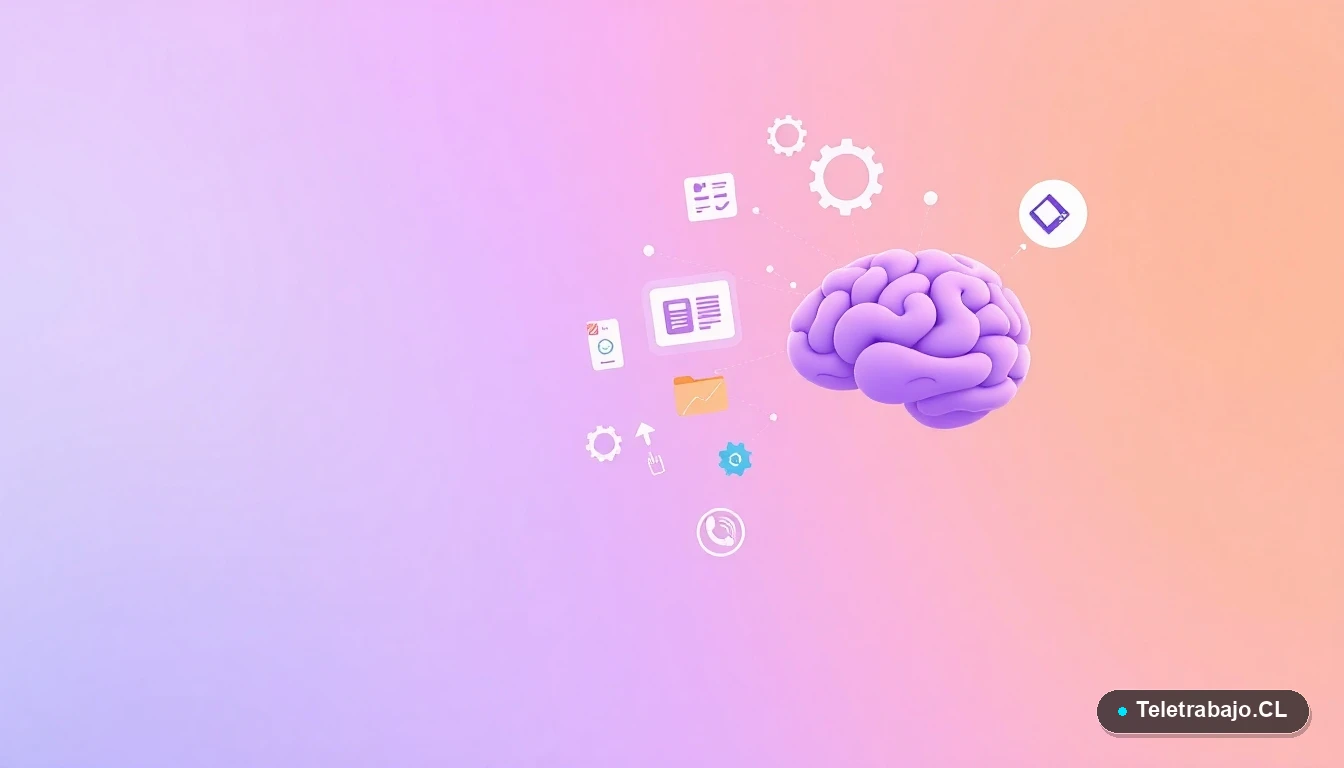 Composición abstracta de interfaz tecnológica con iconos de cerebro, redes neuronales y engranajes, ilustración plana vectorial estilo Corporate Memphis.