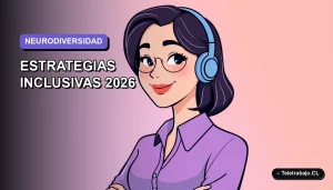 Ilustración plana corporativa de una mujer trabajadora remota sonriente, con fondo degradado lavanda suave, representando la neurodiversidad en el entorno laboral tecnológico.