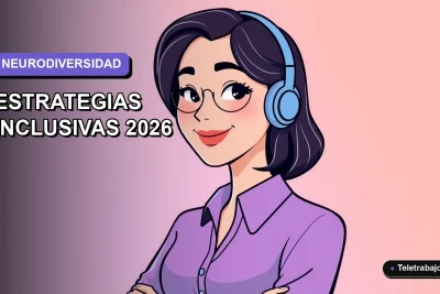 Ilustración plana corporativa de una mujer trabajadora remota sonriente, con fondo degradado lavanda suave, representando la neurodiversidad en el entorno laboral tecnológico.