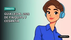 Ilustración plana corporativa de una trabajadora remota con blusa azul, sobre fondo degradado verde agua, representando guía legal de no renovación de contrato en Chile.