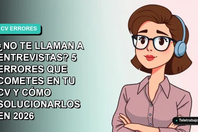 Ilustración plana de mujer profesional de teletrabajo con expresión pensativa, fondo degradado azul verdoso. Concepto de búsqueda de empleo y currículum.