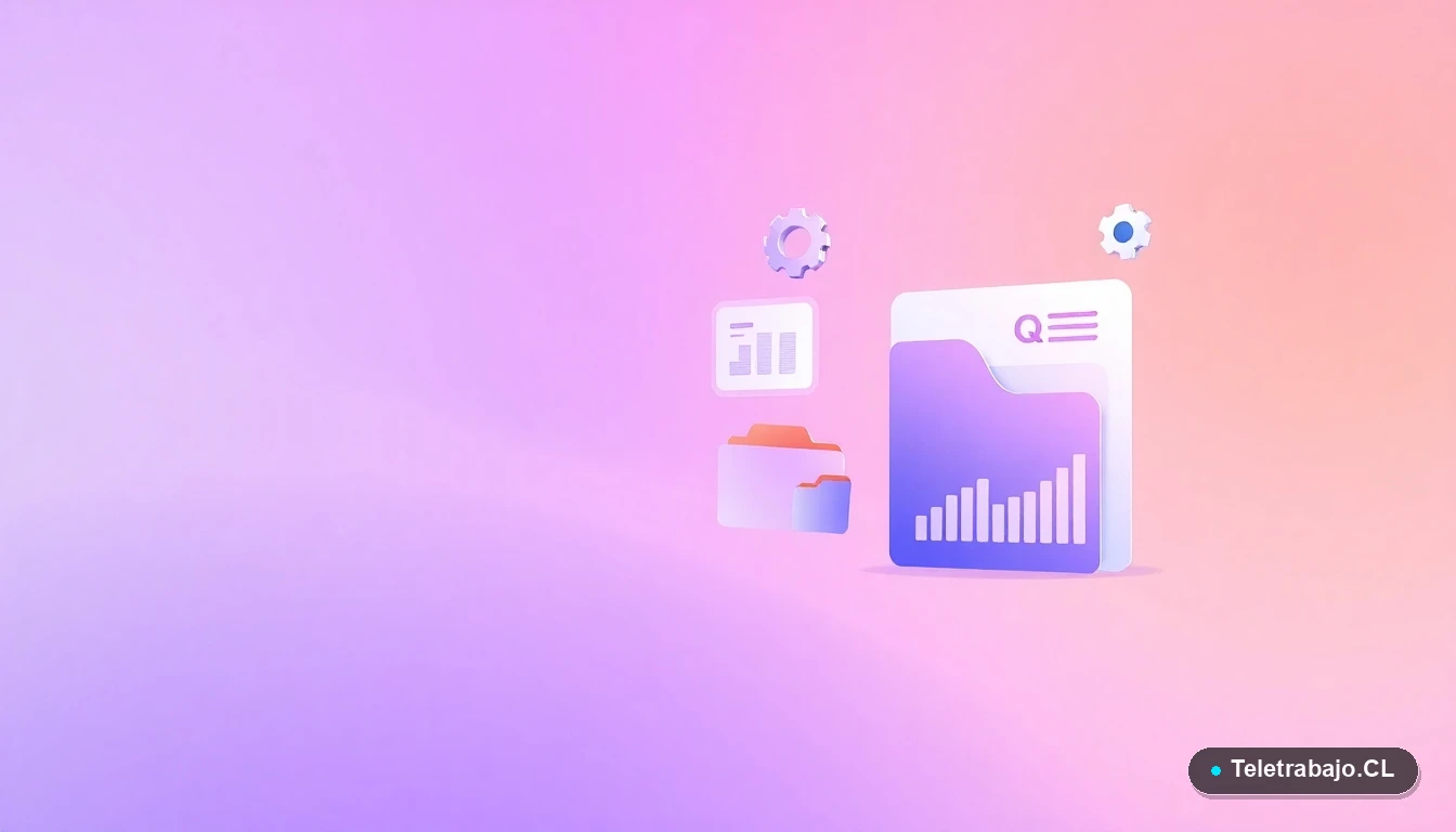 Ilustración abstracta de interfaz de usuario con gráficos flotantes y iconos de engranaje y carpeta, fondo degradado lila. Concepto de optimización y tecnología.