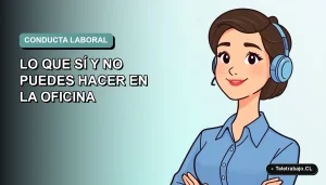 Ilustración vectorial plana de una mujer profesional chilena de teletrabajo, con blusa azul y pelo corto, sobre fondo degradado suave azul verdoso. Espacio negativo a la izquierda.