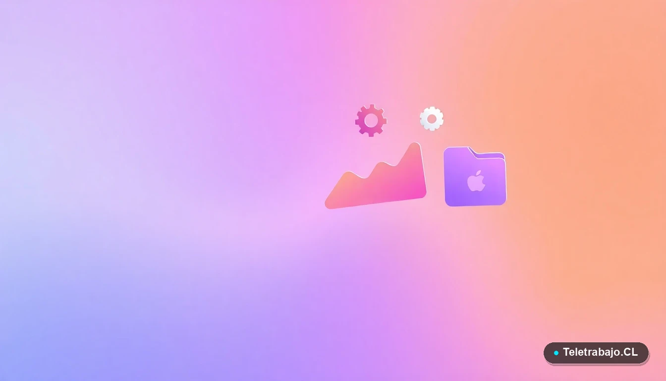 Composición abstracta de interfaz de usuario tecnológica con gráficos flotantes y iconos de engranaje y carpeta, en colores lavanda y durazno, sobre fondo degradado. Estilo vectorial plano corporativo.