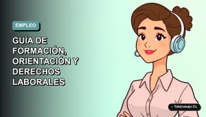 Ilustración plana vectorial de una trabajadora remota chilena sonriente, con fondo degradado azul verdoso, representando la nueva legislación laboral de 2026.