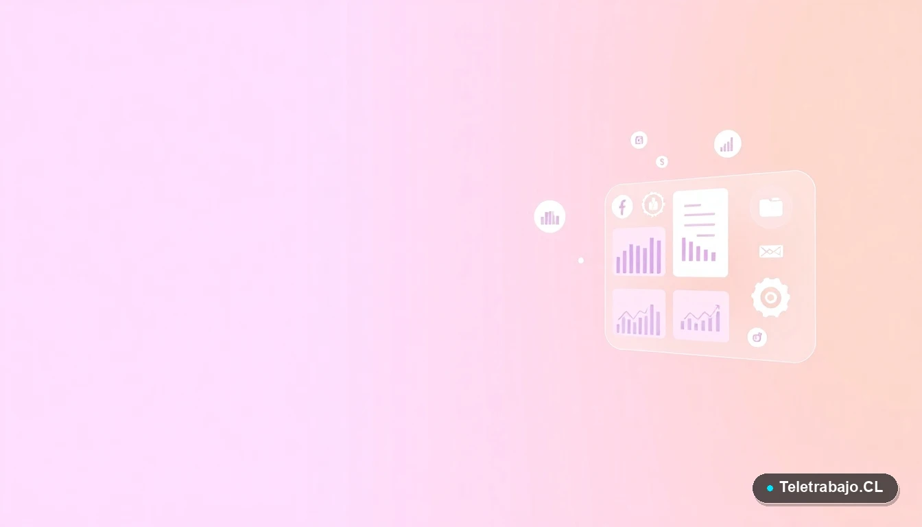 Elementos de interfaz de usuario abstractos, como gráficos y engranajes flotantes, sobre fondo degradado lila y durazno, simbolizando la formación y orientación laboral digital.