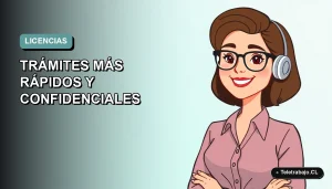 Ilustración vectorial plana de una trabajadora remota feliz, con fondo degradado azul verdoso. Representa la nueva ley de licencias médicas en Chile.