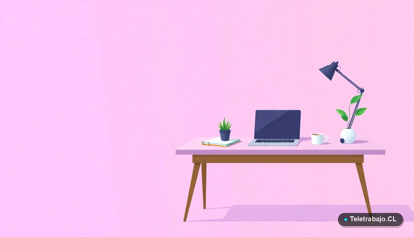 Escritorio moderno minimalista con laptop y planta, fondo degradado lavanda. Concepto de trabajo remoto y eficiencia.
