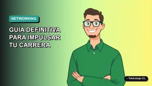 Ilustración plana de un hombre profesional chileno sonriendo, con suéter verde y camisa, sobre un fondo degradado azul y verde. Espacio negativo a la izquierda.