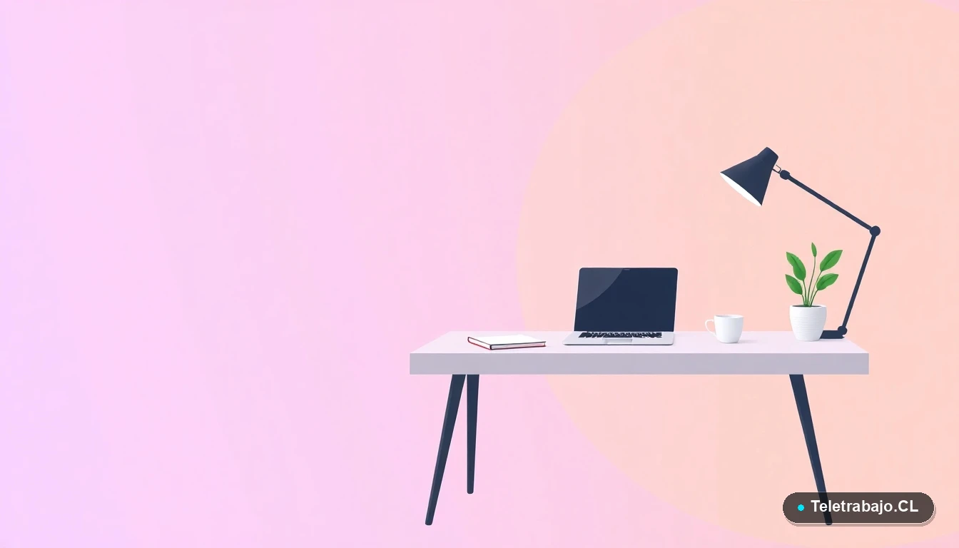 Escritorio moderno minimalista con laptop, cuaderno, taza de café y una planta suculenta, sobre un fondo degradado lavanda y durazno. Concepto de espacio de trabajo remoto.