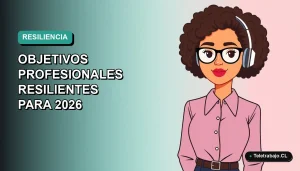Ilustración plana corporativa de una mujer profesional de teletrabajo con objetivos resilientes para 2026, fondo degradado vacío.