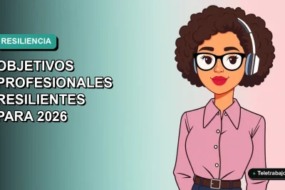 Ilustración plana corporativa de una mujer profesional de teletrabajo con objetivos resilientes para 2026, fondo degradado vacío.