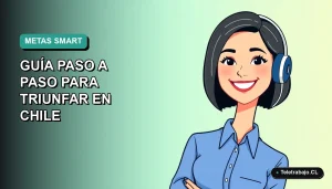 Ilustración plana vectorial de una mujer profesional chilena con blusa azul y corte bob, sonriendo, sobre fondo degradado verde azulado, representando la planificación de objetivos laborales para 2026.