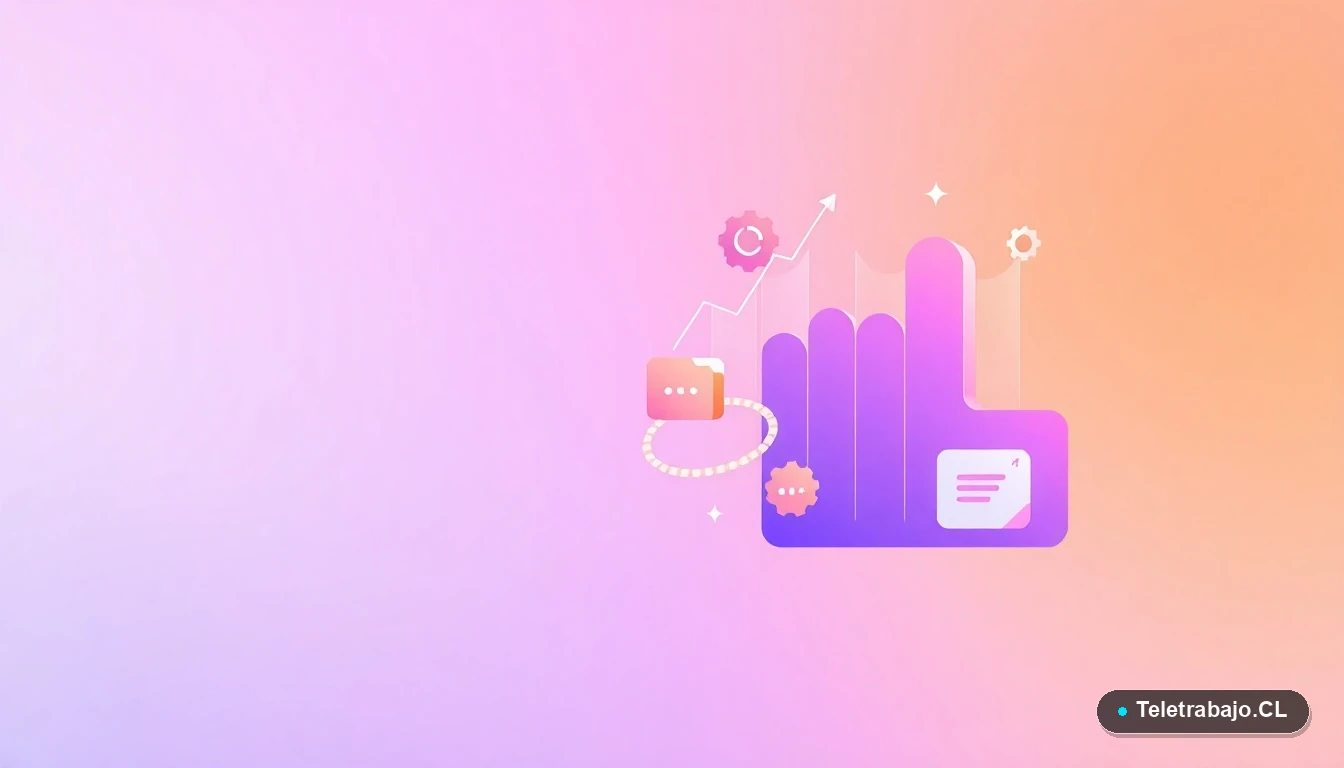 Composición abstracta de interfaz de usuario con gráficos, engranajes y carpetas flotantes en tonos lavanda y durazno, sobre fondo degradado, representando conceptos de productividad y planificación.