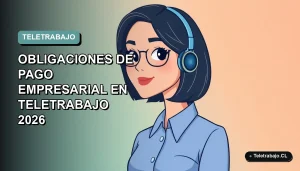 Ilustración plana corporativa de una trabajadora remota con blusa azul, sobre fondo degradado suave, representando las obligaciones de pago en teletrabajo.