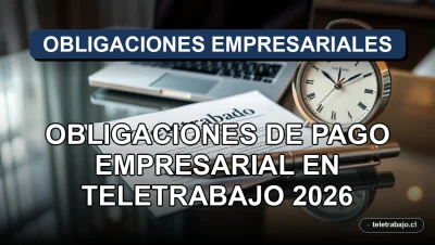 Fotografía macro de un contrato de teletrabajo y un reloj sobre una mesa de cristal, representando las obligaciones legales de pago para 2026.
