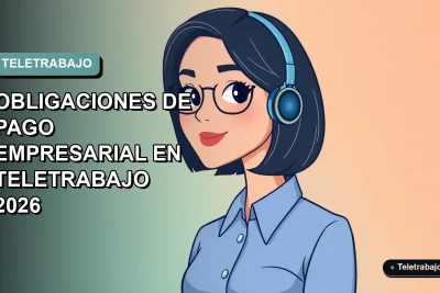 Ilustración plana corporativa de una trabajadora remota con blusa azul, sobre fondo degradado suave, representando las obligaciones de pago en teletrabajo.