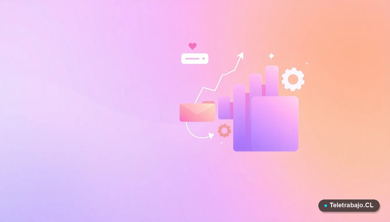 Composición abstracta de interfaz de usuario con gráficos y iconos flotantes en tonos lavanda y durazno, sobre fondo degradado, concepto de gestión y tecnología para el teletrabajo.