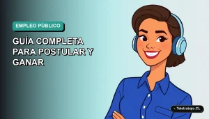 Ilustración vectorial plana de una mujer profesional chilena sonriente, con blusa azul, en fondo degradado verde azulado, representando las ofertas de empleo público.