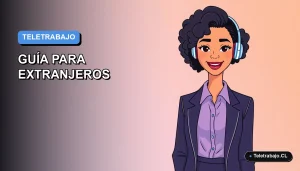 Ilustración plana corporativa de una mujer profesional trabajando de forma remota, con fondo degradado azul, representando ofertas de teletrabajo en España para extranjeros.