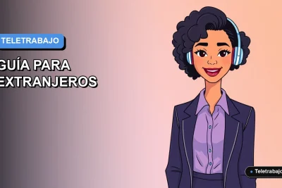 Ilustración plana corporativa de una mujer profesional trabajando de forma remota, con fondo degradado azul, representando ofertas de teletrabajo en España para extranjeros.