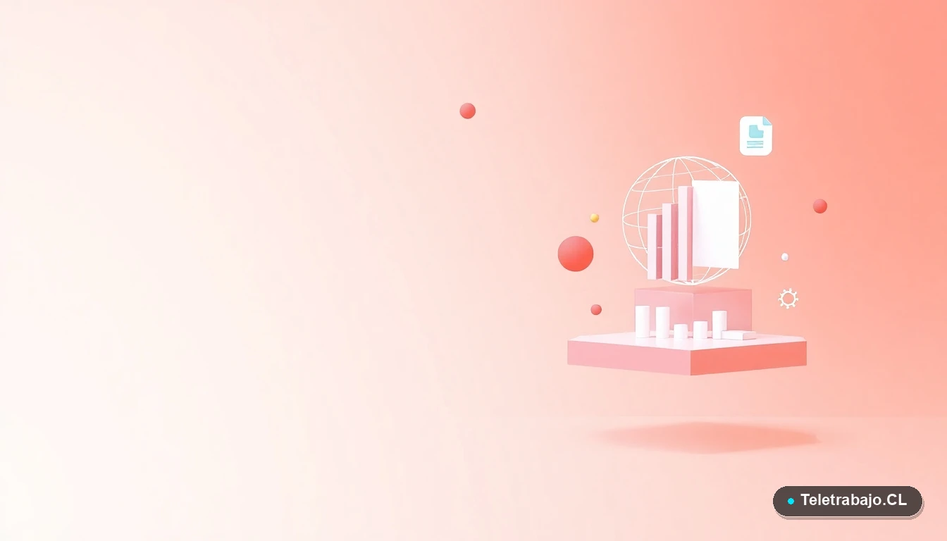 Elementos abstractos de interfaz de usuario tecnológica, con gráficos y formas geométricas flotantes, sobre fondo degradado lavanda y durazno, concepto de teletrabajo digital.