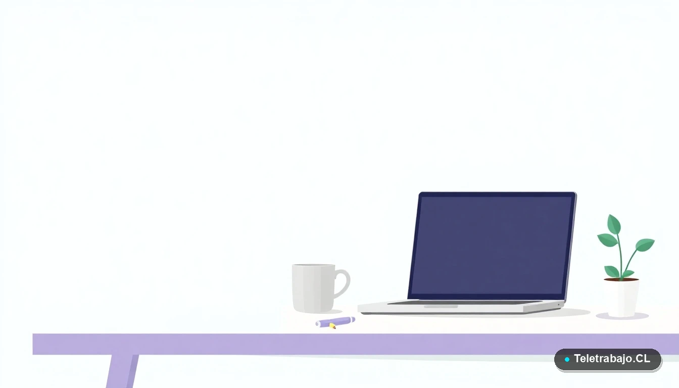 Escritorio moderno minimalista vacío con laptop, planta y taza de café, ilustración vectorial plana sobre fondo degradado verde menta, concepto de espacio de trabajo remoto.