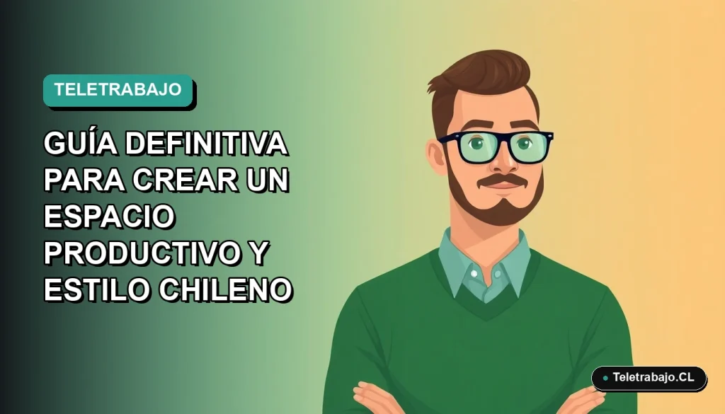 Ilustración vectorial plana de un hombre profesional chileno trabajando desde casa en un espacio moderno y ordenado, con fondo degradado verde azulado.
