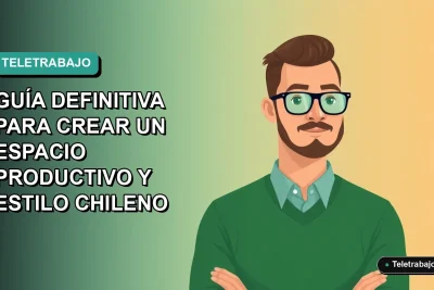 Ilustración vectorial plana de un hombre profesional chileno trabajando desde casa en un espacio moderno y ordenado, con fondo degradado verde azulado.
