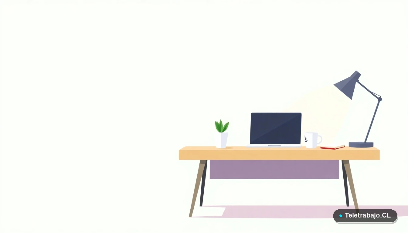 Escritorio minimalista de oficina en casa estilo chileno, con laptop, taza de café y planta, sobre fondo degradado menta.