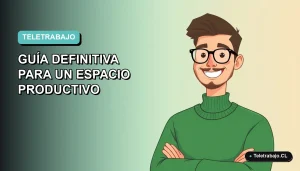 Ilustración plana de un trabajador remoto feliz con suéter verde, fondo degradado azul verdoso, espacio de oficina en casa minimalista.