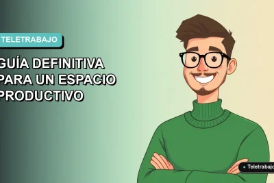 Ilustración plana de un trabajador remoto feliz con suéter verde, fondo degradado azul verdoso, espacio de oficina en casa minimalista.