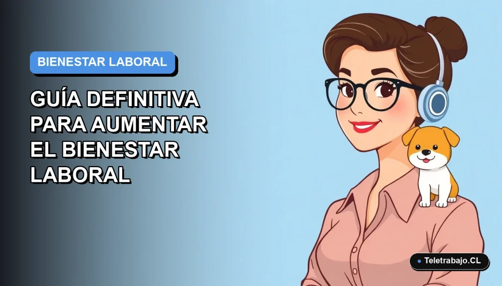 Ilustración vectorial plana de una mujer profesional chilena trabajando con su perro en una oficina moderna y amigable con mascotas, fondo degradado azul.